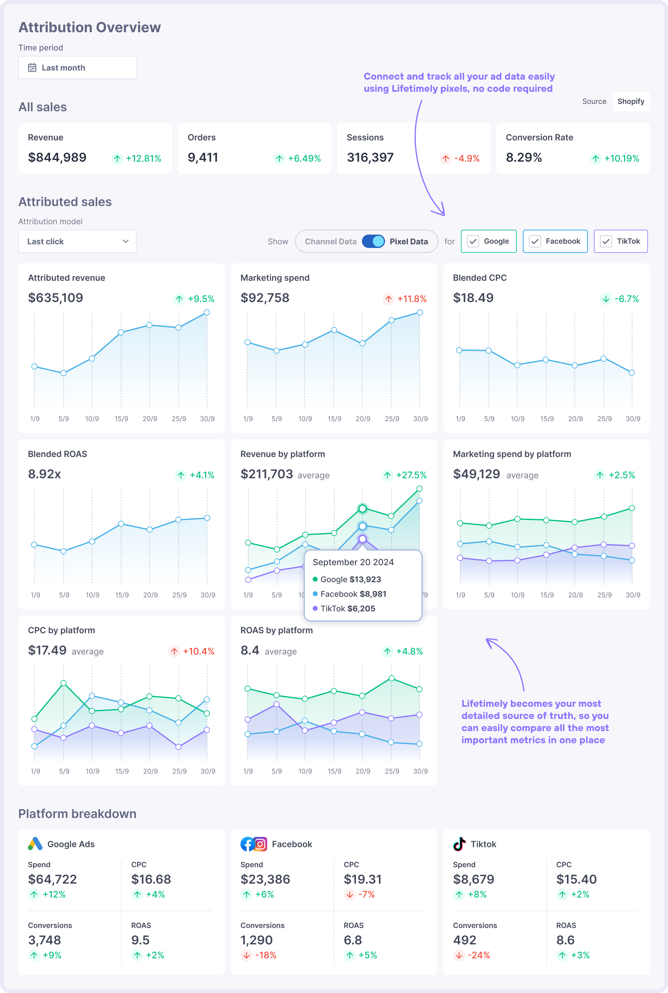 Lifetimely by AMP eCommerce ad platform attribution Dashboard