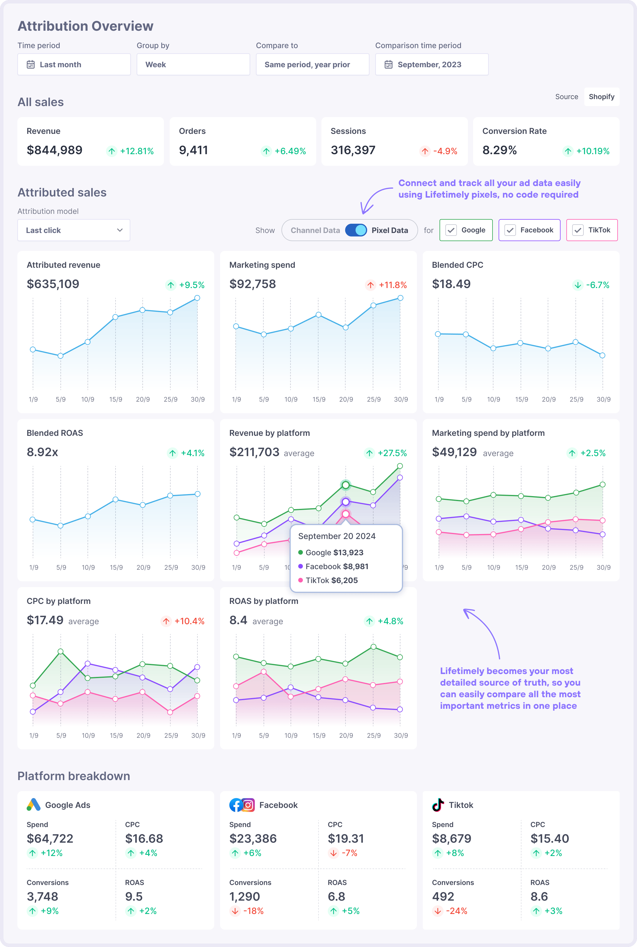 Lifetimely by AMP eCommerce ad platform attribution Dashboard